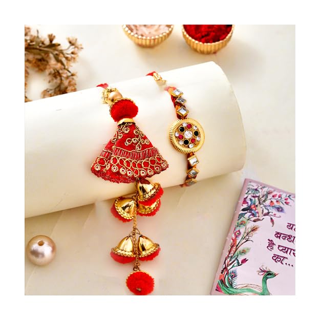 Rakhi Gift for Brother Bhabhi with Cadbury Celebration Chocolates Pack, Rakhi Gift for Bhaiya Bhabhi with Rakshabandhan Greeting Card, Stone Studded Beaded Floral Rakhi for Brother Bhabhi with Cadbury,Greeting Card, Tilak set