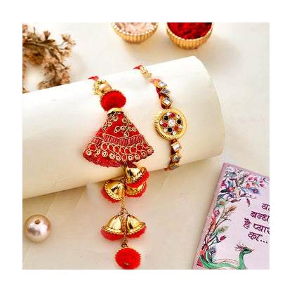Rakhi Gift for Brother Bhabhi with Cadbury Celebration Chocolates Pack, Rakhi Gift for Bhaiya Bhabhi with Rakshabandhan Greeting Card, Stone Studded Beaded Floral Rakhi for Brother Bhabhi with Cadbury,Greeting Card, Tilak set