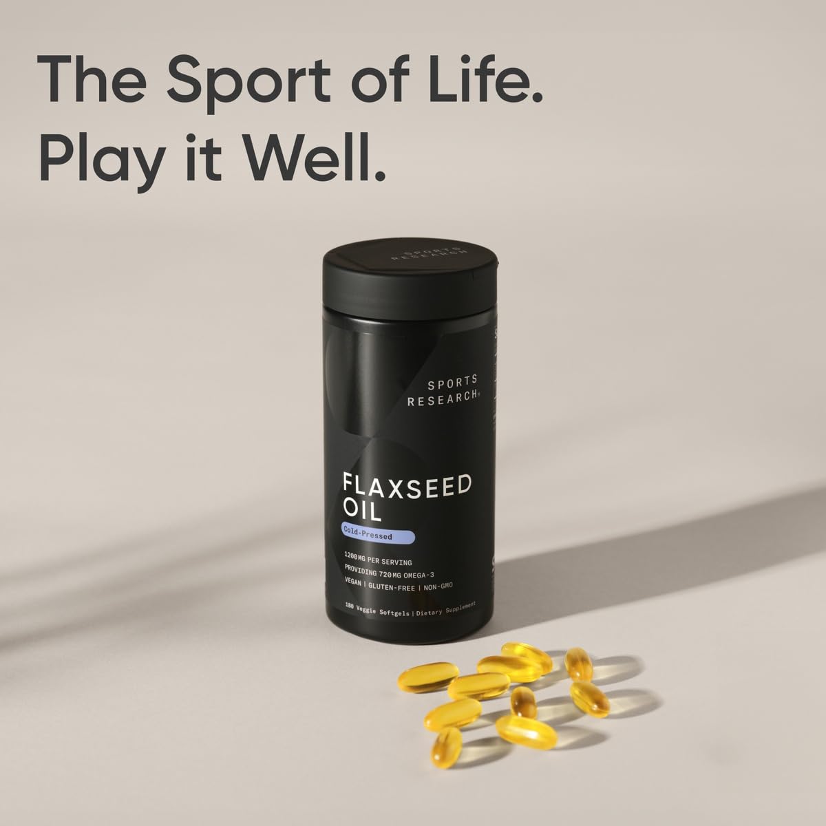 Sports Research Flaxseed Oil with Plant Based Omega's 3, 6 and 9 Vegan Certified and Non-GMO Project Verified (180 Veggie Softgels)