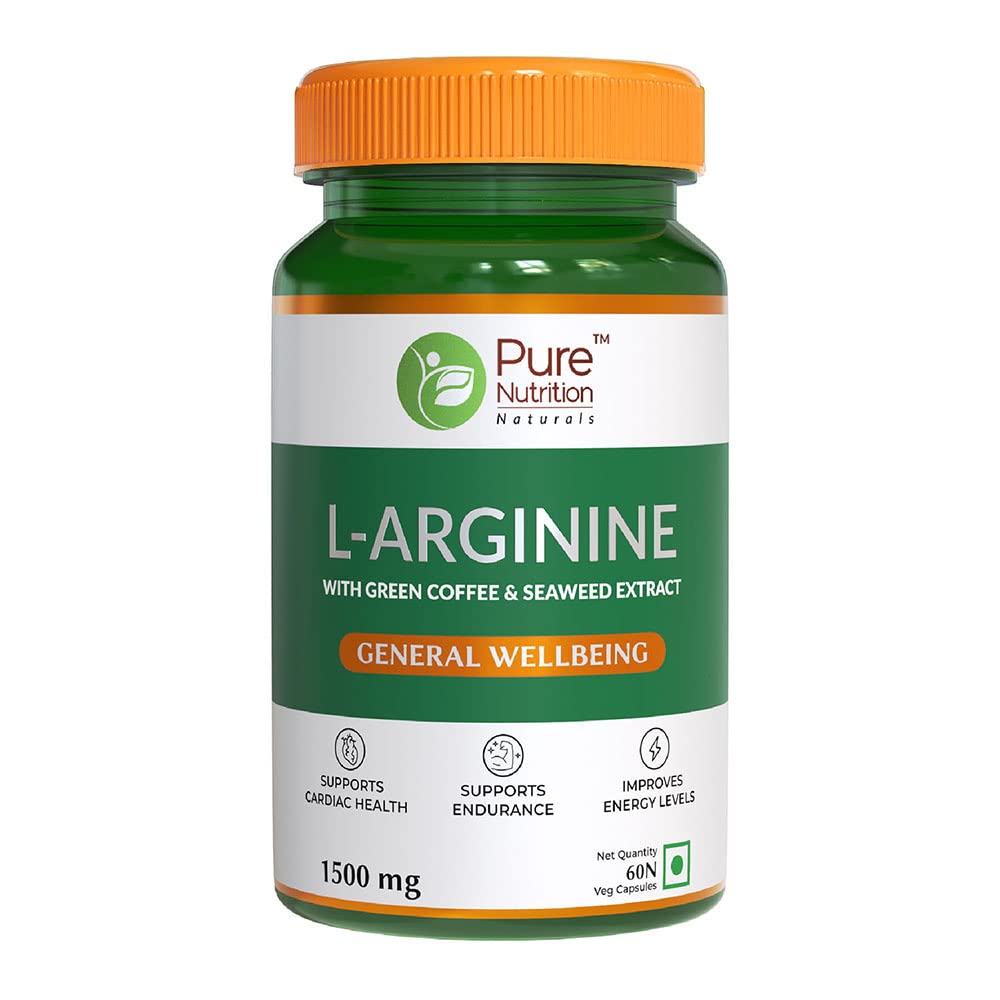 Pure Nutrition L-Arginine 1500mg - 120 Veg Capsules (60x2) | With Green Coffee, Seaweed & Beetroot Extract | Boosts Muscle Growth, Stamina, Heart Health & Blood Circulation | Energy & Endurance Supplement for Men & Women