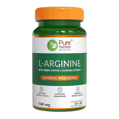 Pure Nutrition L-Arginine 1500mg - 120 Veg Capsules (60x2) | With Green Coffee, Seaweed & Beetroot Extract | Boosts Muscle Growth, Stamina, Heart Health & Blood Circulation | Energy & Endurance Supplement for Men & Women