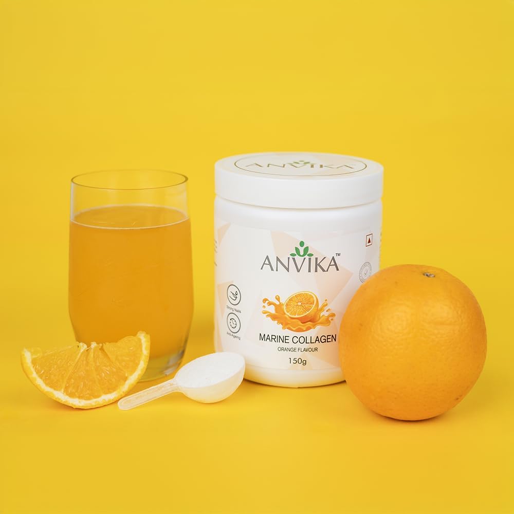 Anvika Marine Collagen Peptides Supplement for Skin, Hair, Nails. Bone & Joint | Clinically Proven | Hydrolyzed Marine Collagen Peptides | Collagen Supplements for Women & Men, Orange Flavour, 150 gms