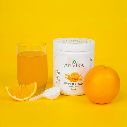 Anvika Marine Collagen Peptides Supplement for Skin, Hair, Nails. Bone & Joint | Clinically Proven | Hydrolyzed Marine Collagen Peptides | Collagen Supplements for Women & Men, Orange Flavour, 150 gms