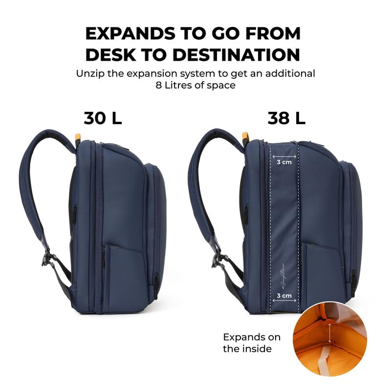 MOKOBARA Em Telescope Backpack | 30L Expandable to 38L | Fits 16 inch Laptop | Water-Resistant Vegan Leather & Nylon | Travel, Work & School | Ergonomic Design, Padded Straps | Navy Blue