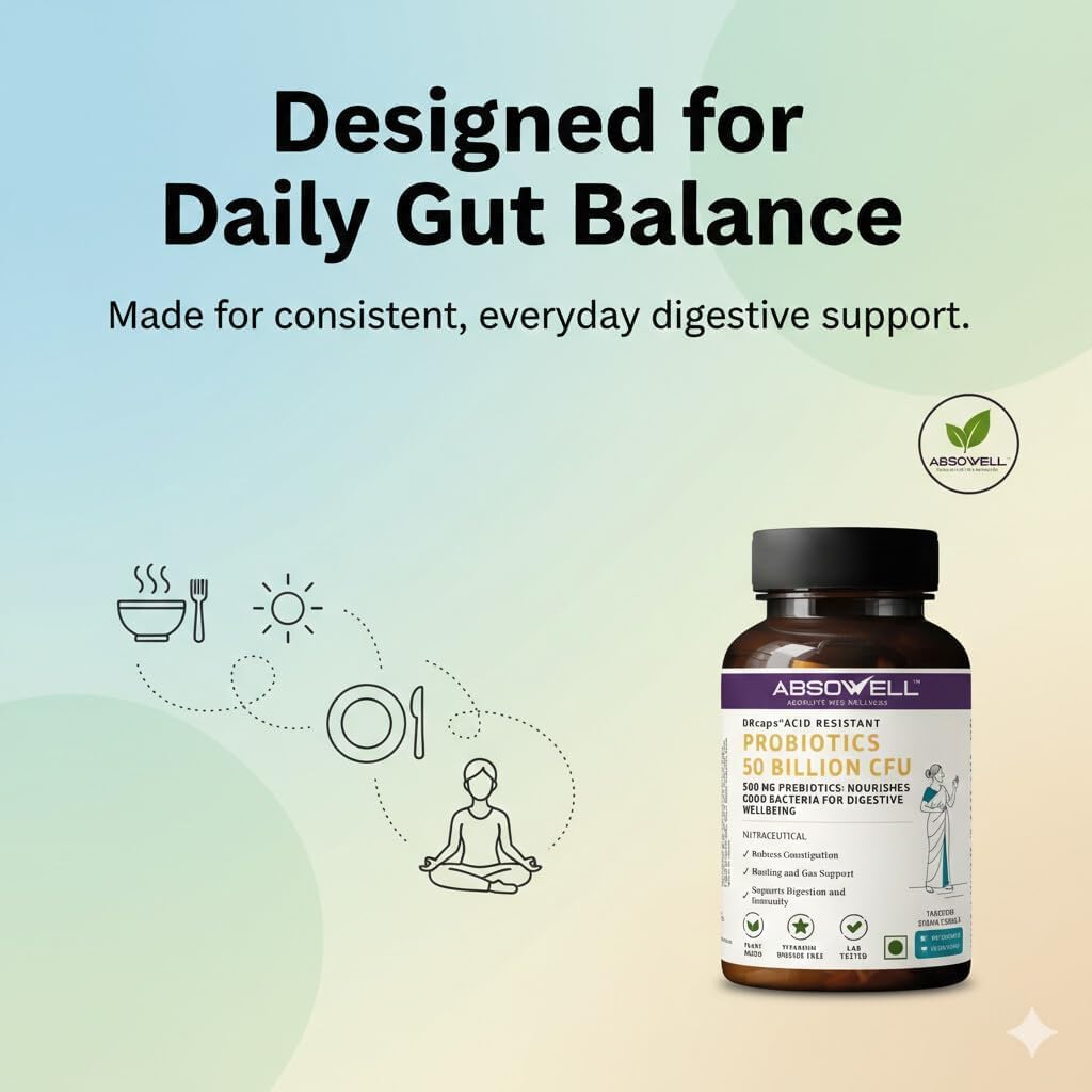 Absowell Probiotics 50 Billion CFU | 6 Strain Precision Probiotic Supplement with Lactobacillus rhamnosus GG & Saccharomyces boulardii | Supports Gut Health, Digestion & Bloating | Vegan Acid-Resistant DRcaps | 60 Capsules