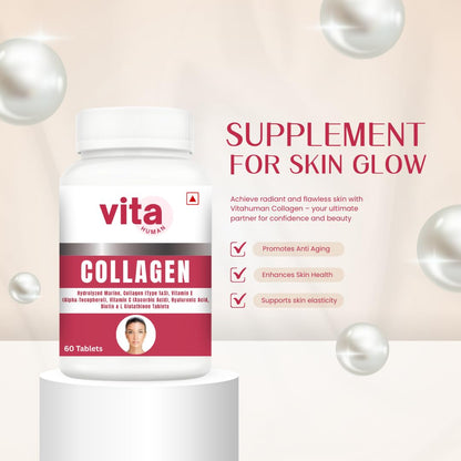 Vitahuman Hydrolyzed Marine Collagen Type 1 & 3 Tablets with Vitamin C, E, Hyaluronic Acid, Biotin & L-Glutathione – For Skin Glow, Firmness & Anti-Aging | 60 Tablets
