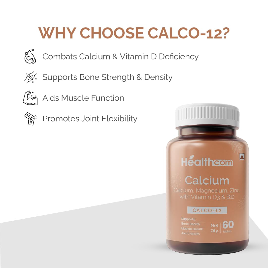 Healthcom Nutra CALCO-12 Calcium 60 Tablets Pack | Magnesium, Zinc With Vitamin D3 & B12 Capsule for Men & Women | For Stronger Bones, Immunity Improves Joints & Muscles Metabolism