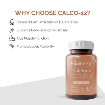 Healthcom Nutra CALCO-12 Calcium 60 Tablets Pack | Magnesium, Zinc With Vitamin D3 & B12 Capsule for Men & Women | For Stronger Bones, Immunity Improves Joints & Muscles Metabolism