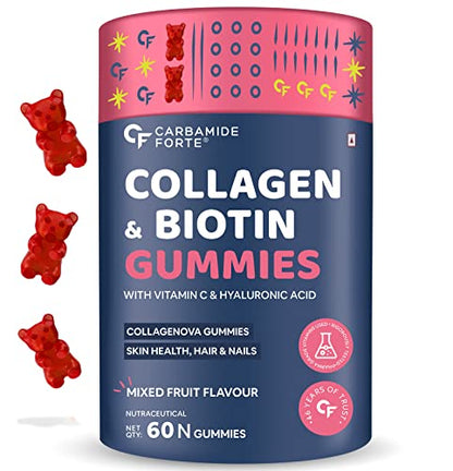 Carbamide Forte Collagen & Biotin Gummies | Collagen Supplements | Collagen for Women & Men for Skin & Hair | Mixed Fruit Flavour - 60 Gummies