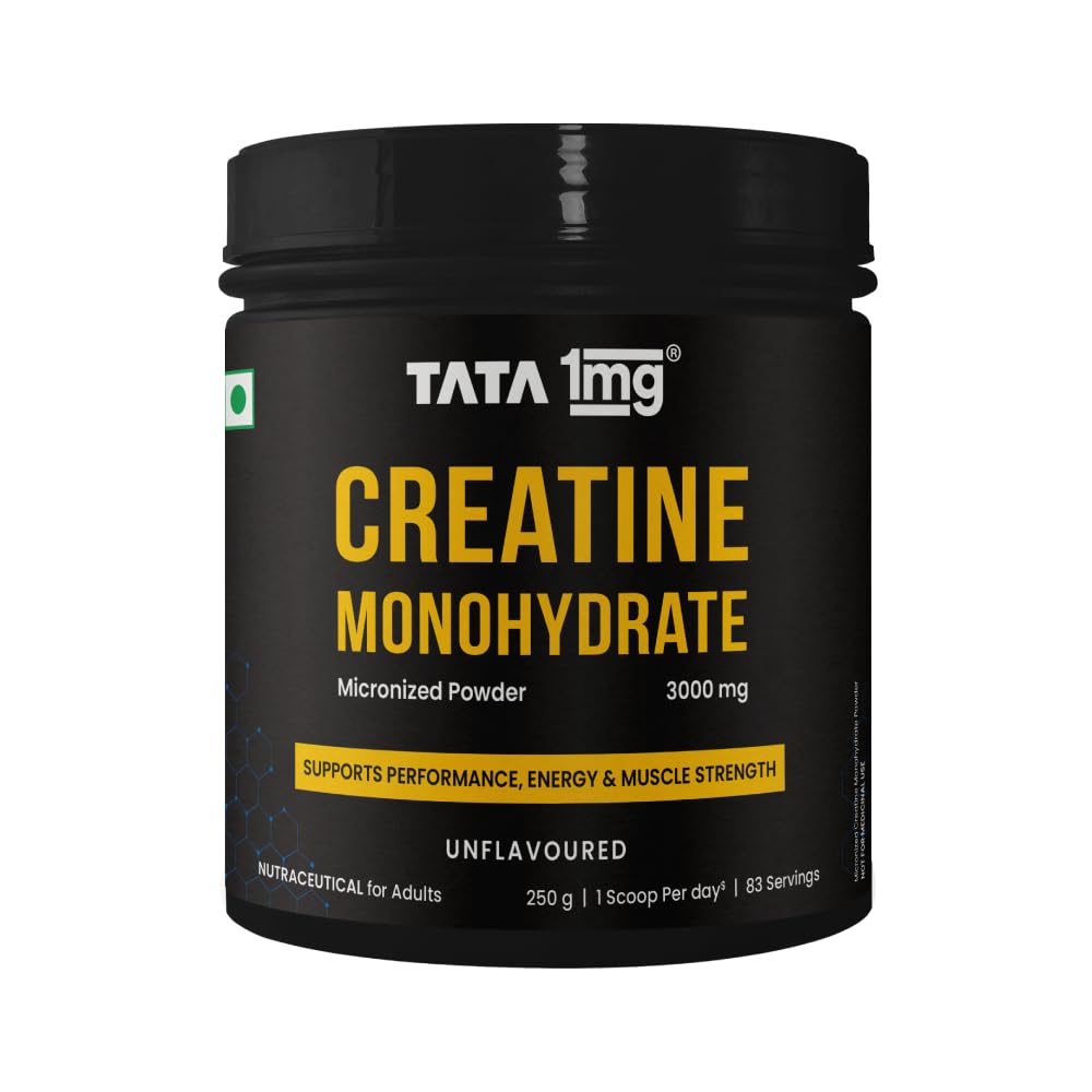 TATA 1MG Creatine Monohydrate | Pure, Micronized (83 servings,250gm) No Additives, No Preservatives | Zero Calories | Boosts Strength, Power & Recovery | Fast Absorption | Unflavoured