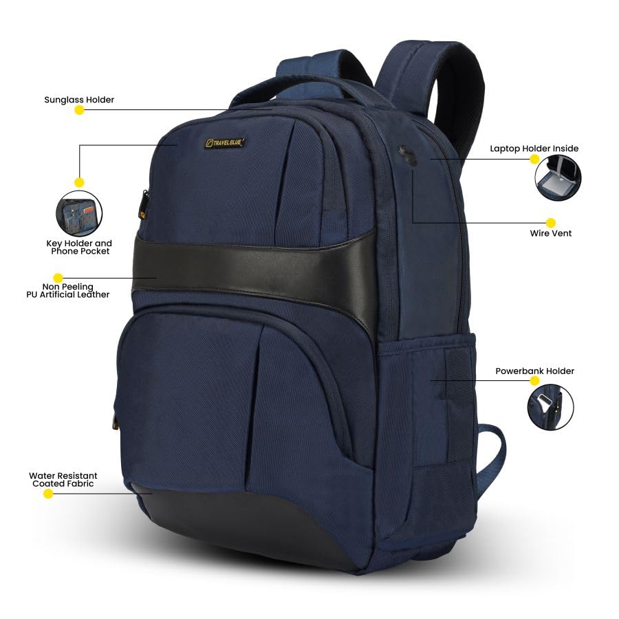 Travel Blue Supreme 17.3 Inch Laptop Backpack, 22.5 Litres, Water Resistant Travel & Office Backpack with Laptop Compartment, Power Bank Holder, Sunglasses Holder & Key Holder, Navy