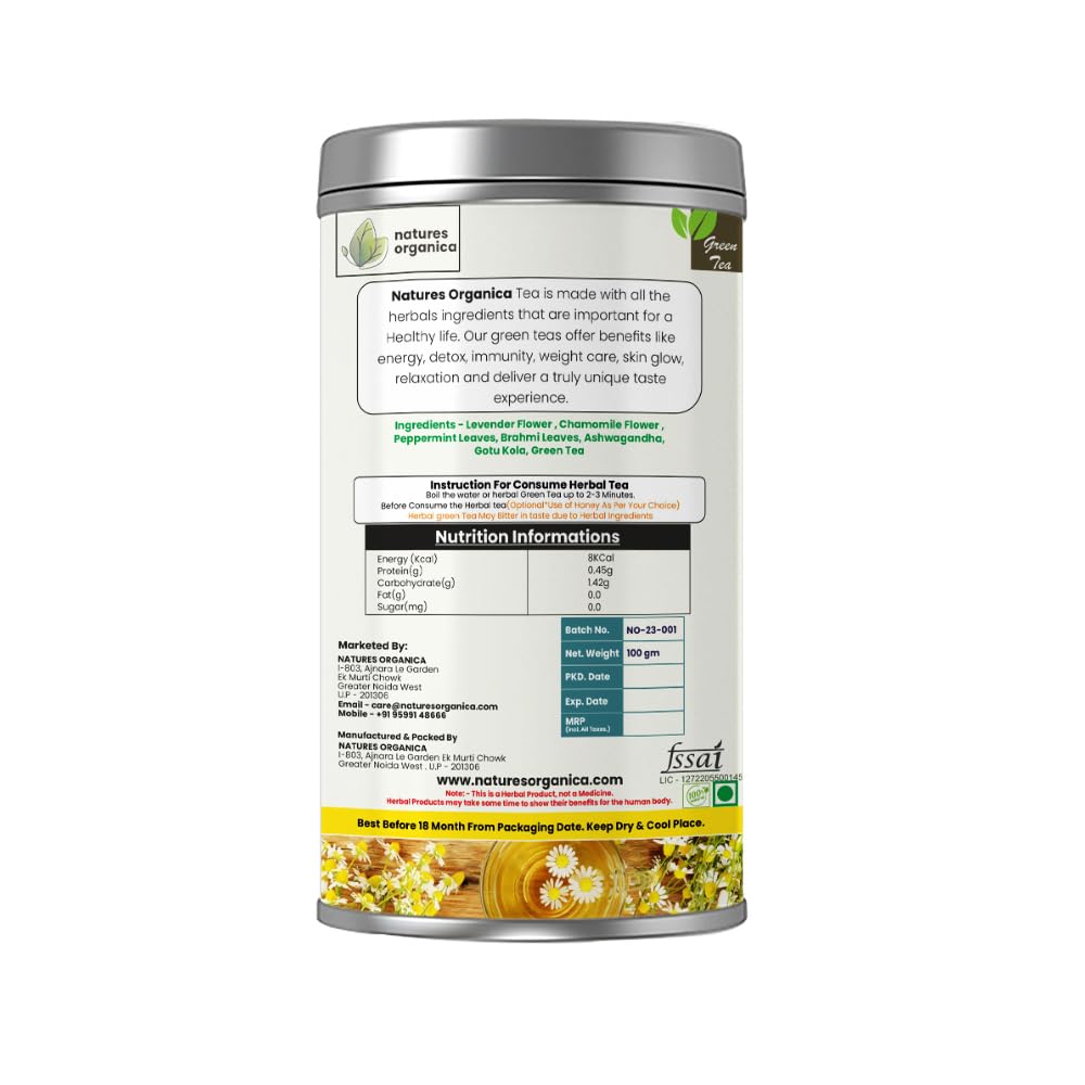 Natures Organica Green Tea Stress relief & Good Sleep with 100% Whole Leaf Green tea | Stress Relief Green tea, Detoxifying Tea with Ashwagandha, Brahmi, Peppermint Leaves, Chamomile .(100 gm).