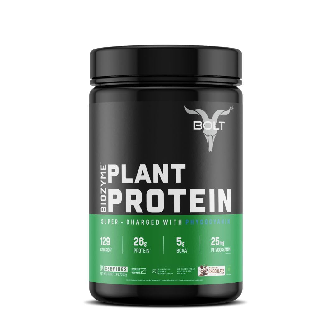 Bolt Biozyme Plant Protein | Vegan Protein with Superfood PHYCOCYANIN and Ayurvedic Herbs | Complete Amino Acid Profile for muscle Support and Recovery | 500gm, 14 Servings | Piedmont Chocolate