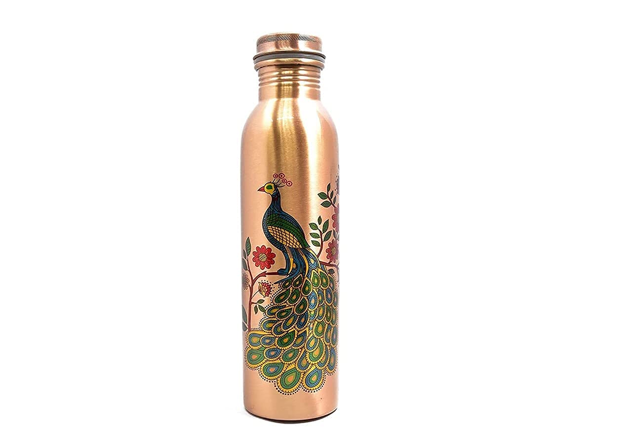 Aditya Shopping Premium Peacock Print Copper Water Bottle (1 Litre) With One Copper Glass (250 ml)