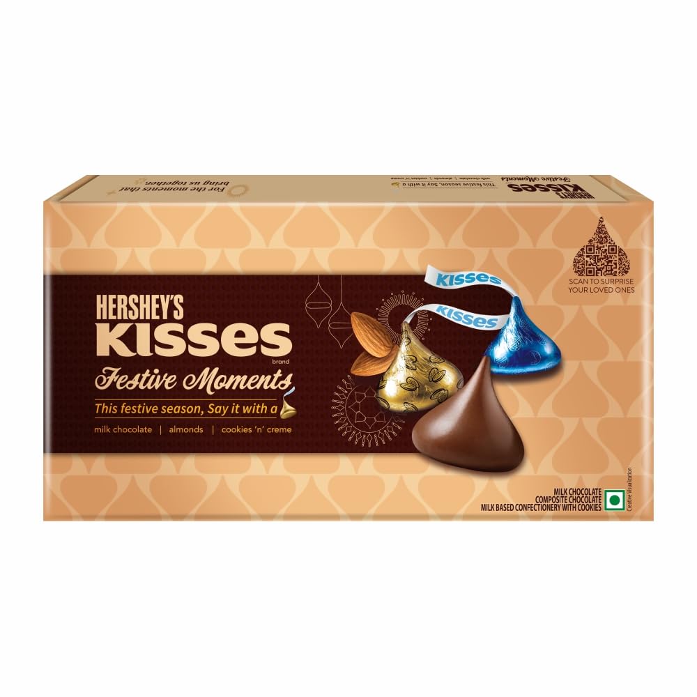 Hershey’s Kisses Diwali Chocolate Tin Gift Pack | Melt-in-Mouth Milk, Almond & Cookies n Crème Chocolates | Festive Gifting Box | 124.5gm