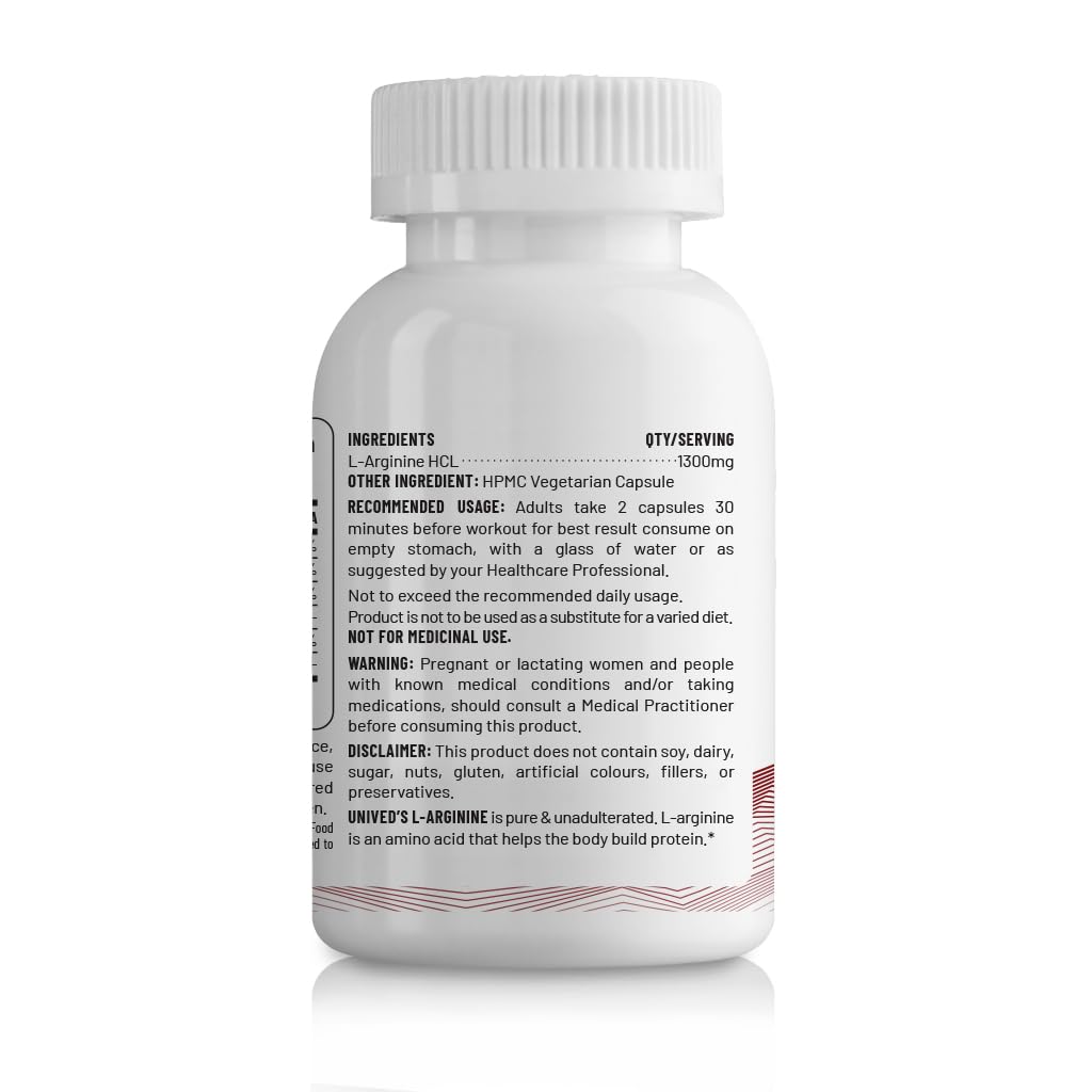 Unived L-Arginine 1300mg | Supports Heart Function, Nitric Oxide Production, and Optimal Blood Flow - 60 Vegan Capsules