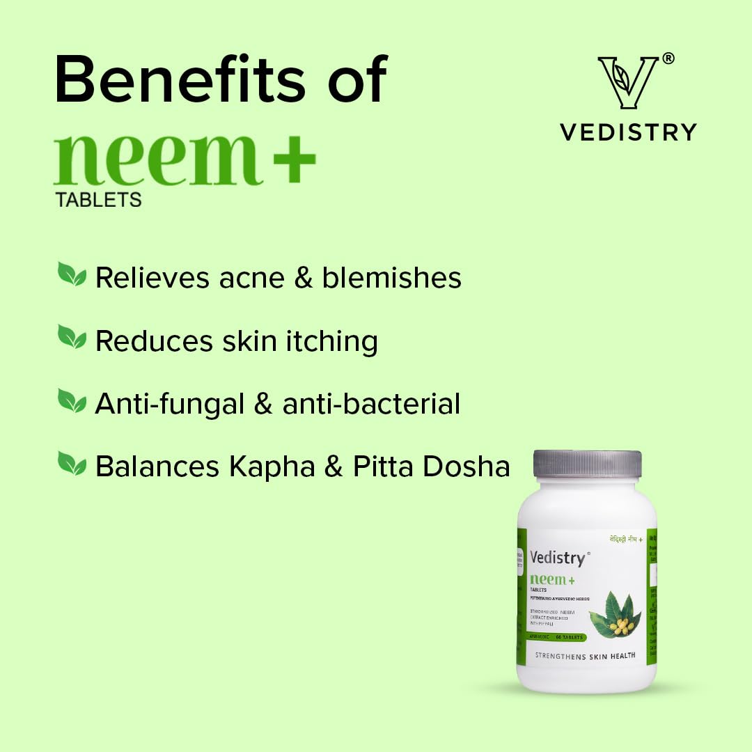 Vedistry Neem+ Tablets | Promotes Skin Health | Control Acne, dark spot & Blemishes | Natural Blood Purifier (60 Tablets in one bottle)