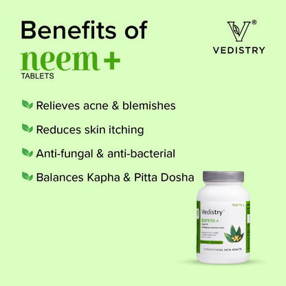 Vedistry Neem+ Tablets | Promotes Skin Health | Control Acne, dark spot & Blemishes | Natural Blood Purifier (60 Tablets in one bottle)