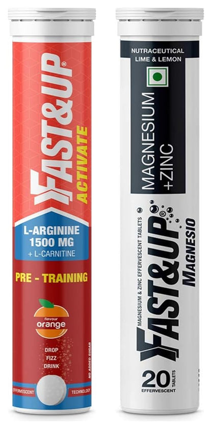Fast&Up Activate- Pre-training Drink- 1500 mg-Orange Flavour- Pack of 20 Effervescent Tablets & Fast&Up Magnesio - Restful Sleep Supplement - (20 Effervescent Tablets, Lime & Lemon Flavor)