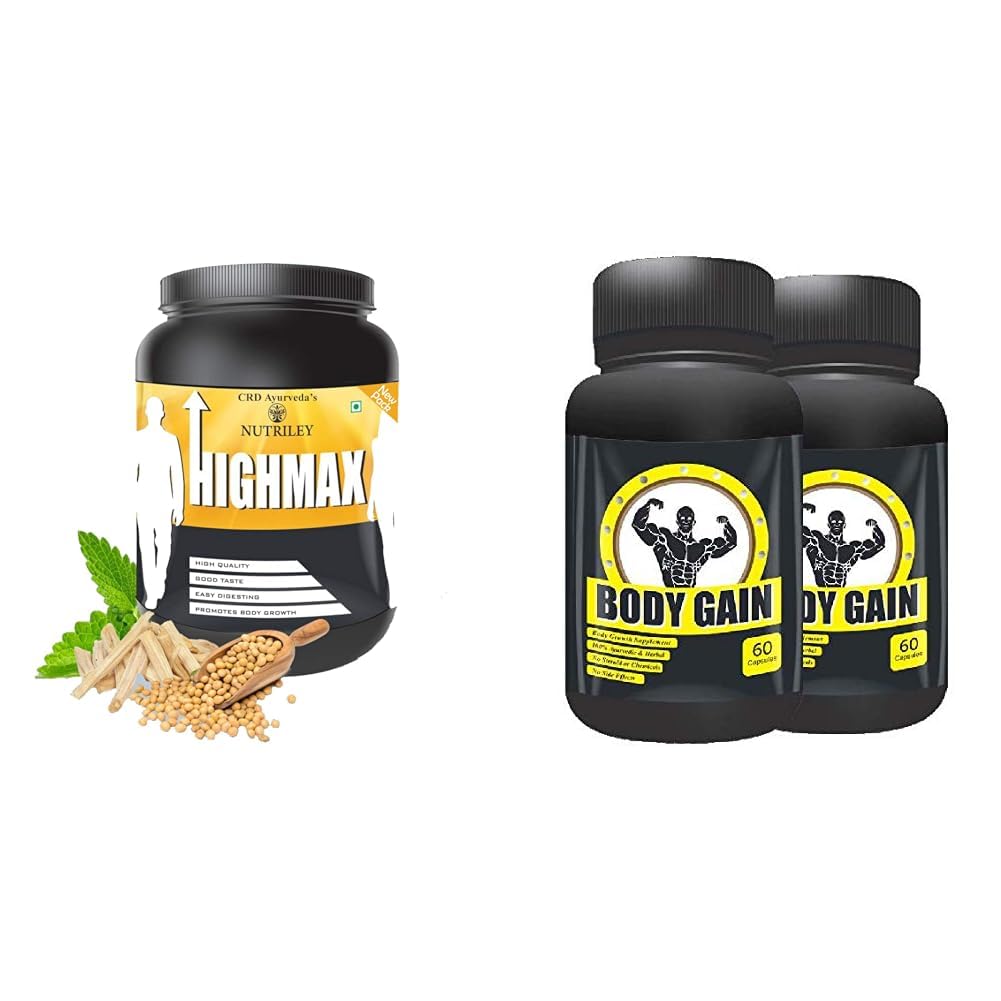 CRD Ayurveda Highmax Body Growth Supplement - 1 Kg (Chocolate) | CRD Ayurveda Body Gain Capsules 100% Ayurvedic 2 Months Course - 2 x 60 Capsules (Pack of 2)