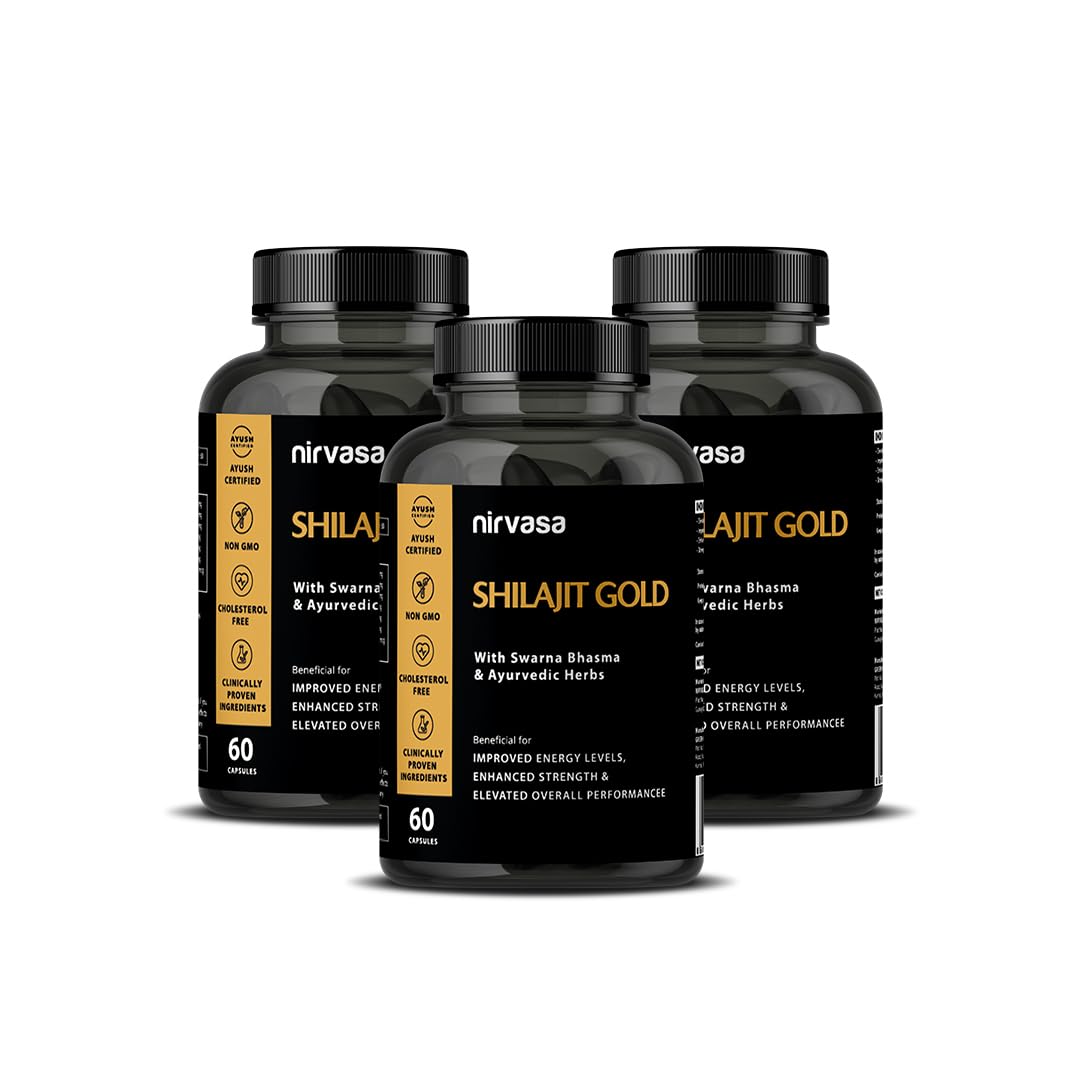 Nirvasa Shilajit Gold Capsules (3x60) | 100% Pure Himalayan Shilajeet with 24K Gold | Boosts Strength, Stamina, Energy & Performance | Vitality & Immunity | Gokshura, Akarkara & Safed Musli – Pack of 3
