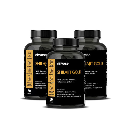 Nirvasa Shilajit Gold Capsules (3x60) | 100% Pure Himalayan Shilajeet with 24K Gold | Boosts Strength, Stamina, Energy & Performance | Vitality & Immunity | Gokshura, Akarkara & Safed Musli – Pack of 3