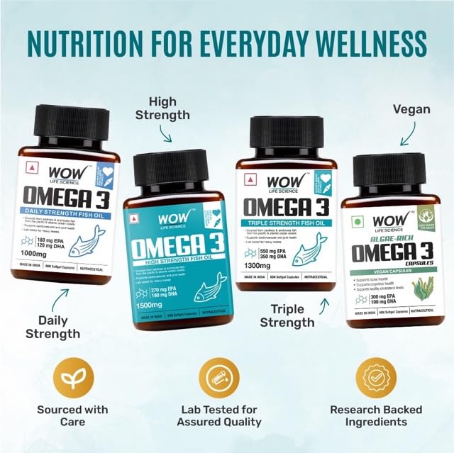 WOW Omega-3 Fish Oil 1300 mg Triple Strength 550mg EPA 350mg DHA, Burpless, Mercury free, Ideal for Keto Diet