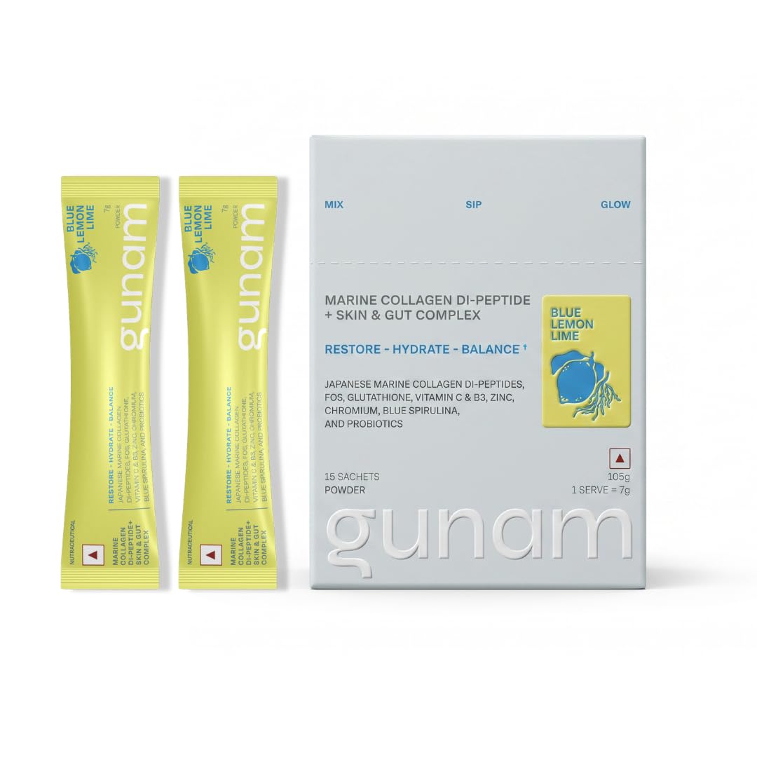 Gunam Marine Collagen Di-Peptide + Skin & Gut Complex | Hydrolysed Japanese Marine Collagen Peptides| Prebiotic FOS, Glutathione, Vitamin C & B3, Zinc, Probiotics | Supports Skin Glow, Hair, Nails, Gut & Joints | Lemon Lime | 15 Sachets