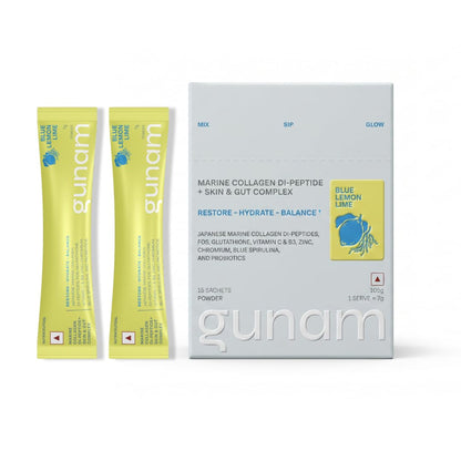Gunam Marine Collagen Di-Peptide + Skin & Gut Complex | Hydrolysed Japanese Marine Collagen Peptides| Prebiotic FOS, Glutathione, Vitamin C & B3, Zinc, Probiotics | Supports Skin Glow, Hair, Nails, Gut & Joints | Lemon Lime | 15 Sachets