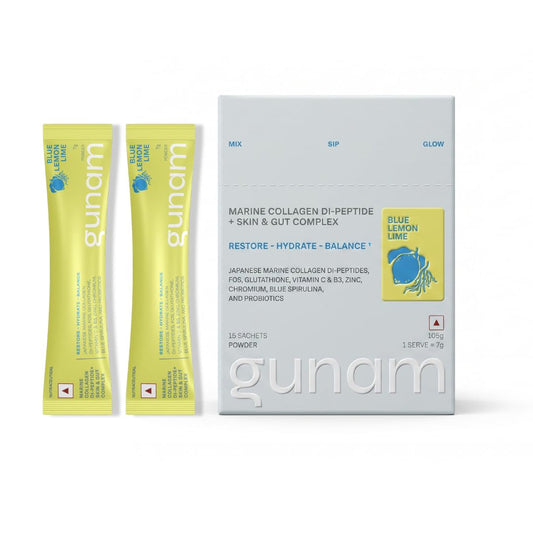 Gunam Marine Collagen Di-Peptide + Skin & Gut Complex | Hydrolysed Japanese Marine Collagen Peptides| Prebiotic FOS, Glutathione, Vitamin C & B3, Zinc, Probiotics | Supports Skin Glow, Hair, Nails, Gut & Joints | Lemon Lime | 15 Sachets