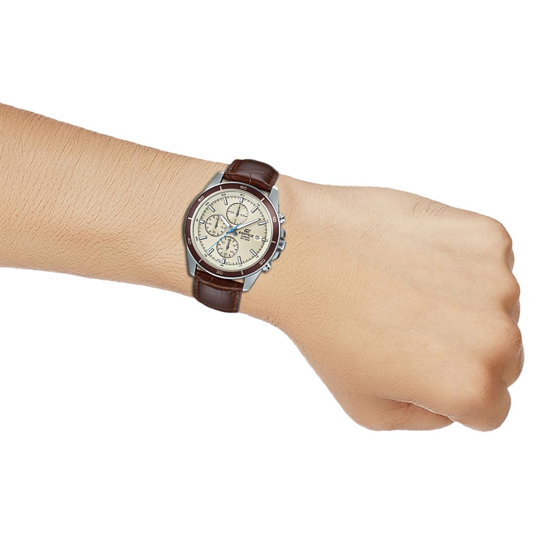 Casio Edifice EFR-526L-7BVUDF Beige Analog Dial Brown Leather Band Men's Watch Chronograph 100M Water Resistant EX303