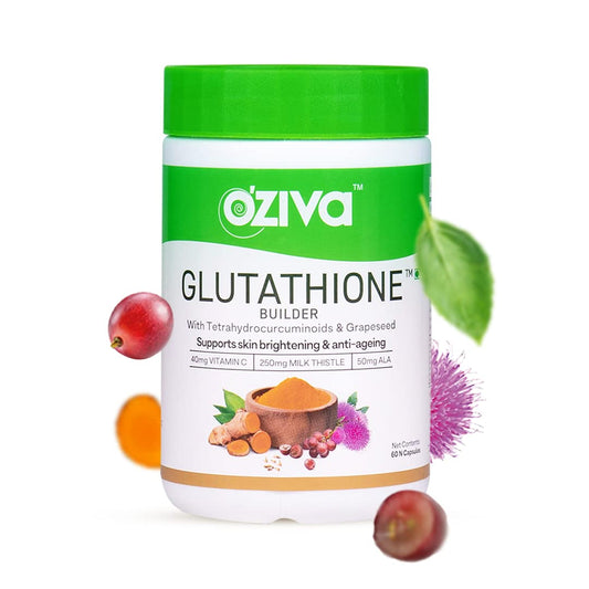 OZiva Plant Based Glutathione Builder | Glutathione Tablets for Skin Glow & Anti-Ageing | Sugar free, Antioxidant Glutathione supplements with Grapeseed, Vitamins C & E, Selenium, 60 Veg Capsules