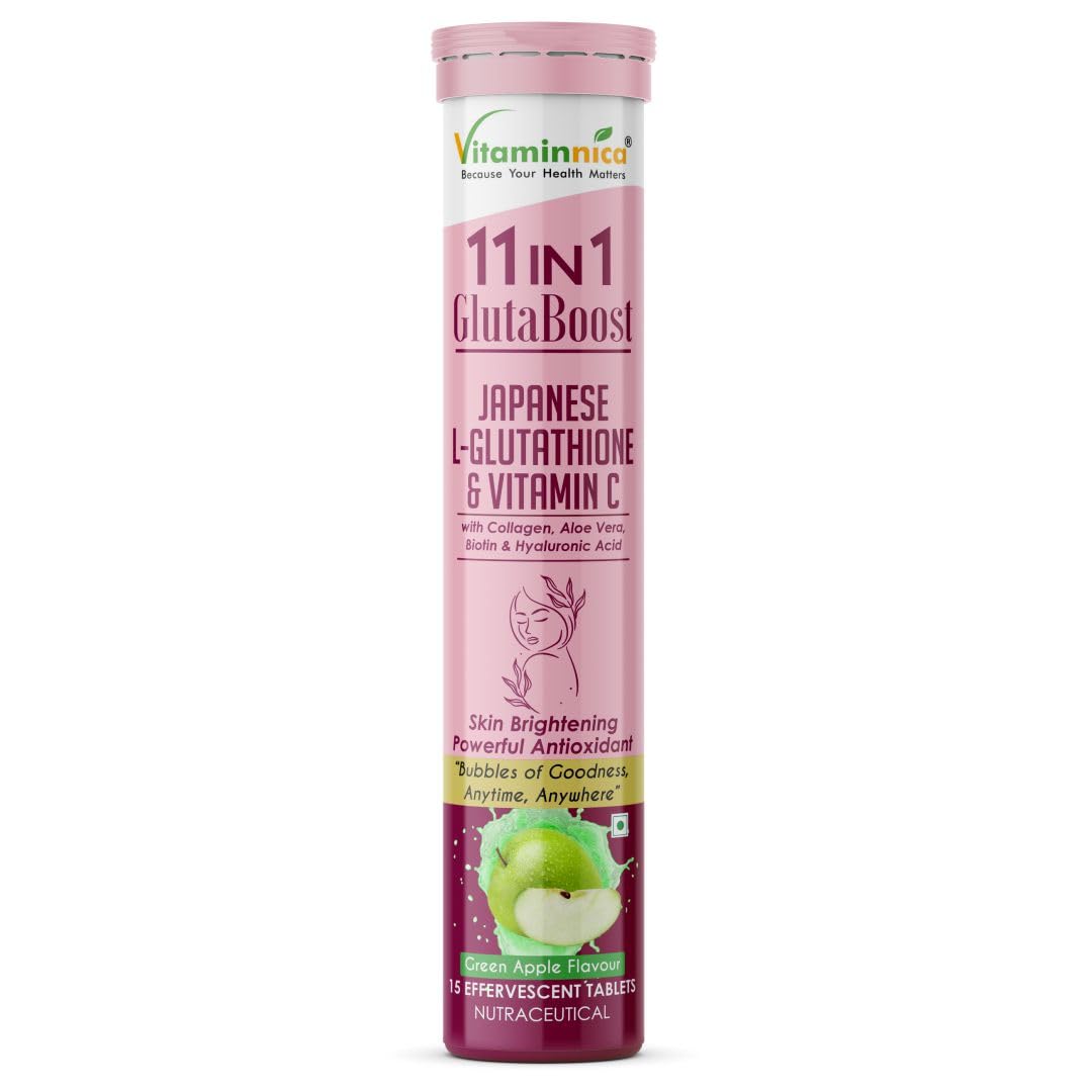 Vitaminnica Gluta Boost 11-in-1 Effervescent Tablets with Japanese L-Glutathione, Collagen, & Hyaluronic Acid | Skin Radiance & Beauty Supplement | 15 Tablets | Pack of 1 | Green Apple