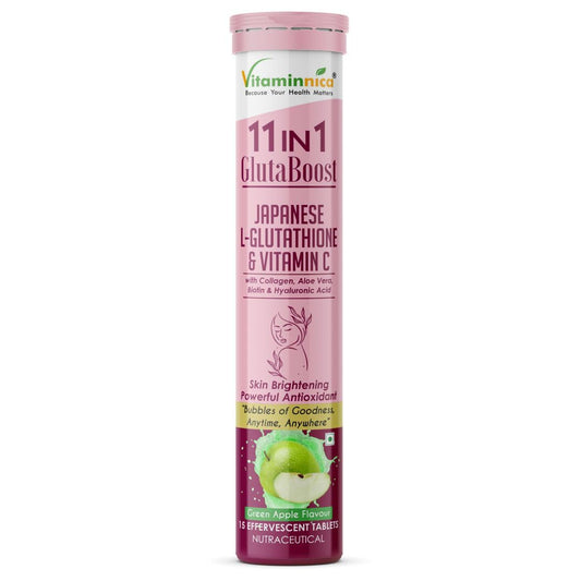 Vitaminnica Gluta Boost 11-in-1 Effervescent Tablets with Japanese L-Glutathione, Collagen, & Hyaluronic Acid | Skin Radiance & Beauty Supplement | 15 Tablets | Pack of 1 | Green Apple