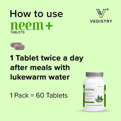 Vedistry Neem+ Tablets | Promotes Skin Health | Control Acne, dark spot & Blemishes | Natural Blood Purifier (60 Tablets in one bottle)