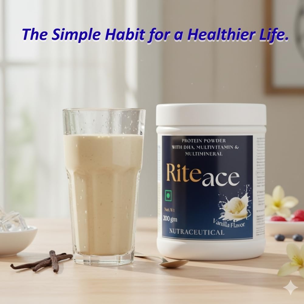 RITE AID HEALTH CARES Riteace Nutraceutical Protein Powder 200g | Vanilla Flavor | With DHA, Multivitamins & Multiminerals | Daily Nutrition & Energy Wellness Supplement