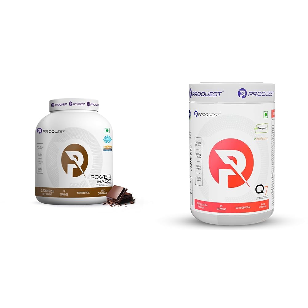 ProQuest Nutrition Mass Gainer (Milk Chocolate Flavour, 6Lbs / 2.72Kg, 18 Servings) | High Calo | Proquest Nutrition Q7 Pre-Workout Salted Watermelon Flavor, 300 Gm (25 Servings) | Beta Alanine 4