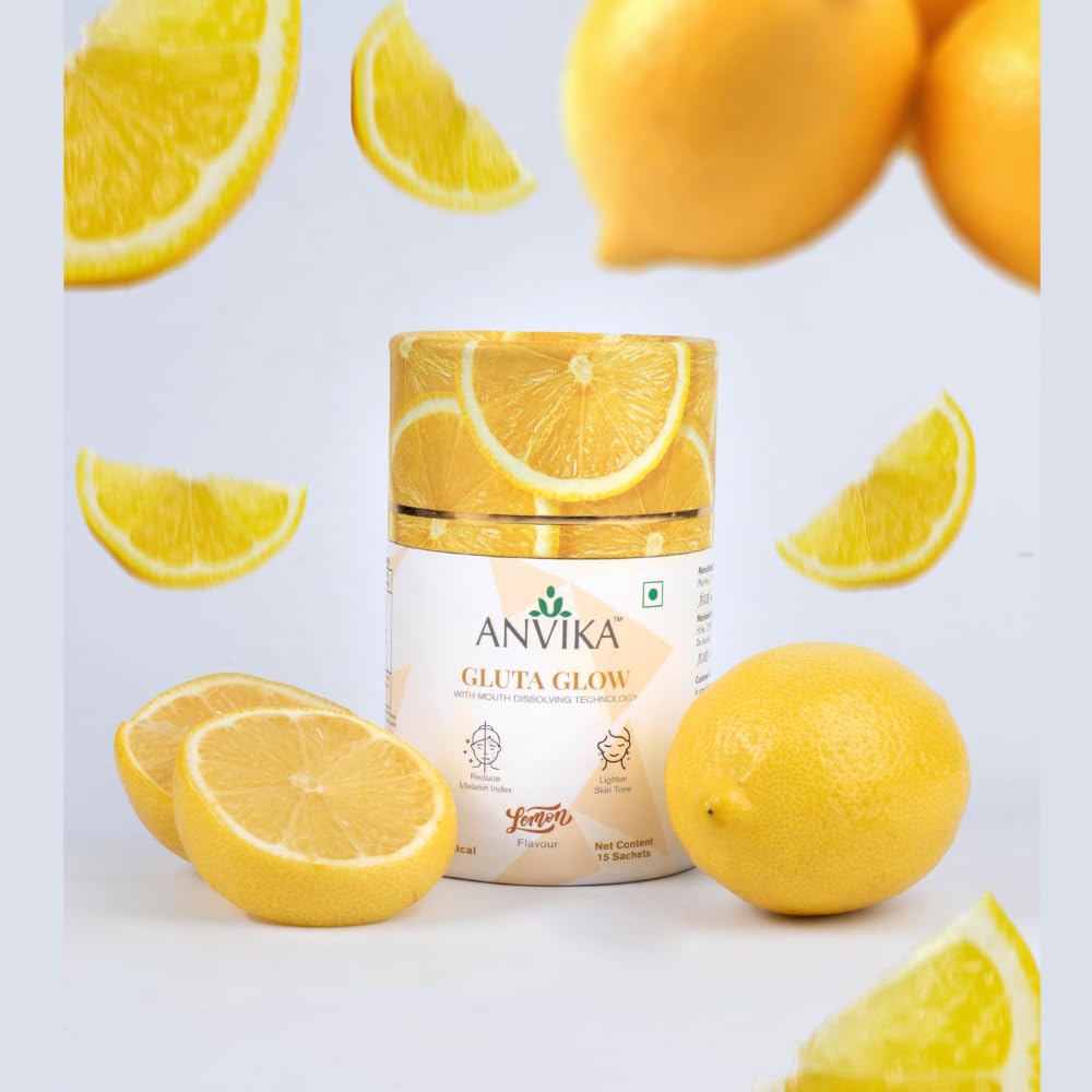 Anvika Gluta Glow with L-Glutathione & Vitamin C | Skin Brightening & Antioxidant Support | Lemon Flavor | Mouth dissolving Glutathione | 15 Sachet