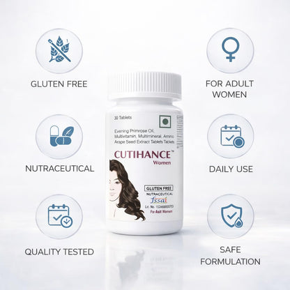 Cutihance Tablet, Hair Growth Supplement Complex with Evening Primrose Oil, Multivitamin, Multimineral, Amino Acids, Grape Seed Extract, Beta-Sitosterol, Tablets, For Strong and Shiny Hair (Women)