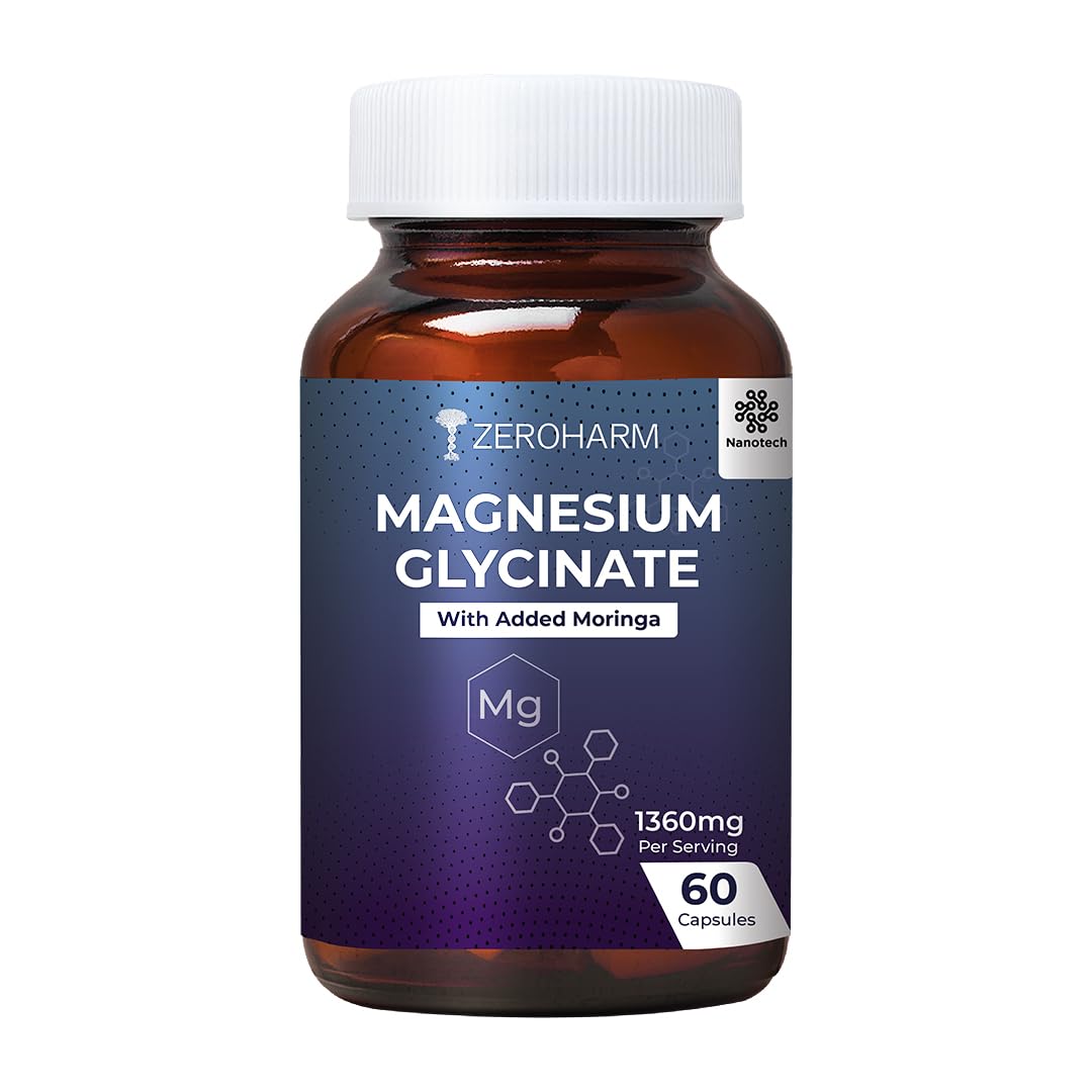 Magnesium Glycinate + Moringa Extract | 1360 mg Per Serving | Muscle, Sleep Support | Promotes Joint Mobility | No Additives, Preservatives for Men & Women | Nano Formulated 60 Capsules By ZEROHARM