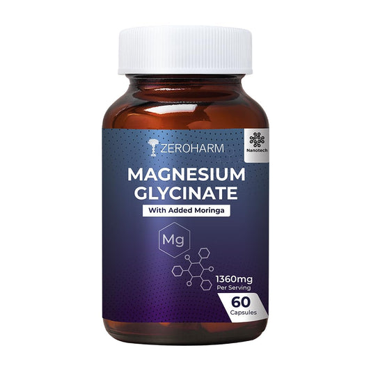 Magnesium Glycinate + Moringa Extract | 1360 mg Per Serving | Muscle, Sleep Support | Promotes Joint Mobility | No Additives, Preservatives for Men & Women | Nano Formulated 60 Capsules By ZEROHARM