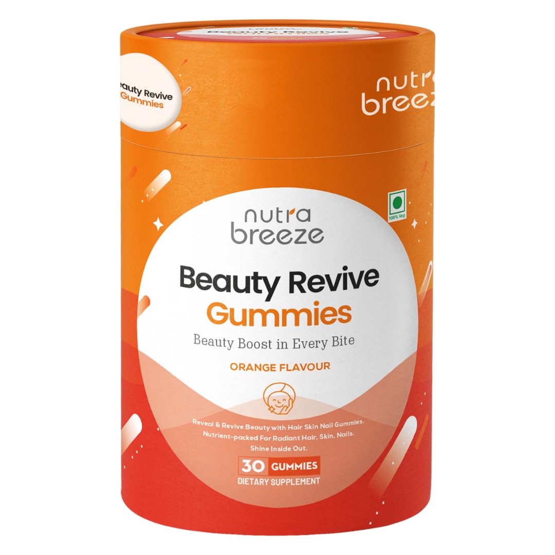 Nutrabreeze Biotin Hair Gummies For Women and Men | Beauty Revive Gummies For Hair Growth, Skin Glow & Strong Nails | Orange Flavour | Biotin For Hair Growth | 30 Day Pack