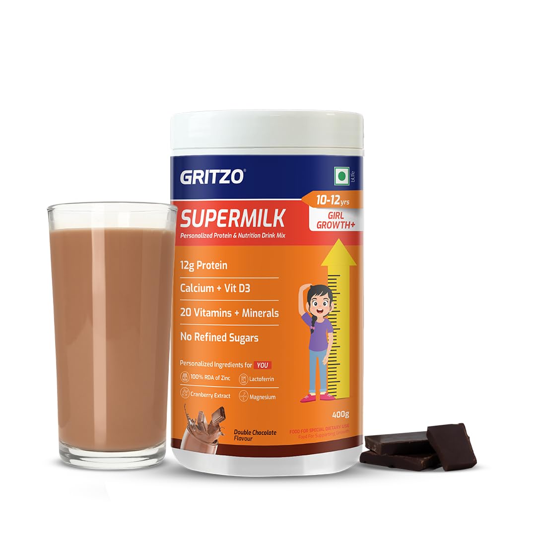 Gritzo SuperMilk Growth+ (Formerly Height+) (10-12y Girls), 12g Protein Powder (Double Chocolate, 400g) | Zero Refined Sugar, 20 Vitamins & Minerals