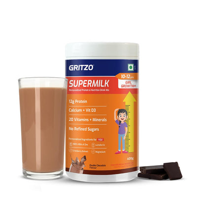 Gritzo SuperMilk Growth+ (Formerly Height+) (10-12y Girls), 12g Protein Powder (Double Chocolate, 400g) | Zero Refined Sugar, 20 Vitamins & Minerals