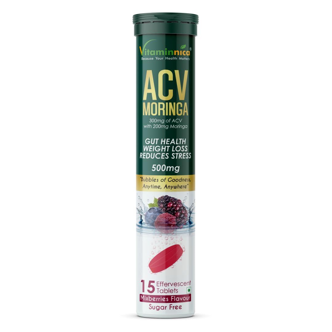 Vitaminnica ACV + Moringa Effervescent Tablets 500mg – Mixberry Flavour, No Added Sugar, 15 Tablets