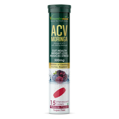 Vitaminnica ACV + Moringa Effervescent Tablets 500mg – Mixberry Flavour, No Added Sugar, 15 Tablets