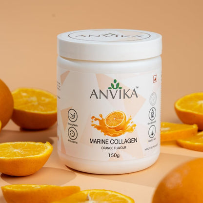 Anvika Marine Collagen Peptides Supplement for Skin, Hair, Nails. Bone & Joint | Clinically Proven | Hydrolyzed Marine Collagen Peptides | Collagen Supplements for Women & Men, Orange Flavour, 150 gms
