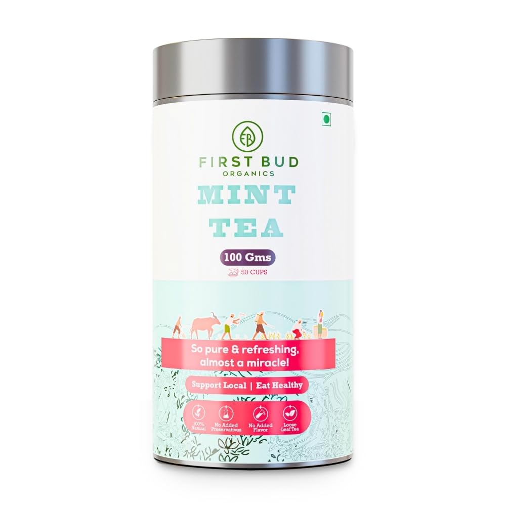 First Bud Organics Mint Tea - 100gm | Refreshing, Soothing Herbal Blend | Pure Peppermint Leaves, Caffeine-Free | Digestive Health and Relaxation