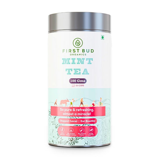 First Bud Organics Mint Tea - 100gm | Refreshing, Soothing Herbal Blend | Pure Peppermint Leaves, Caffeine-Free | Digestive Health and Relaxation
