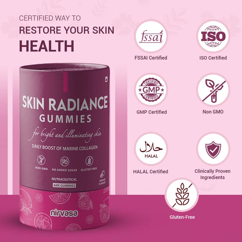 Nirvasa Skin Radiance Gummies Skin Marine Collagen Builder| 60 Gummy Pack | Vitamin C & E, Hyaluronic Acid, Glutathione | Collagen Gummies For Women & Men | Super tasty |Gluten, Gelatin Free